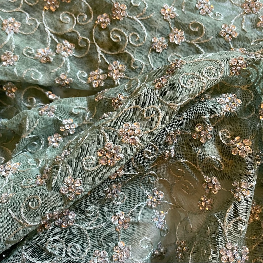 Indian Dupatta / Shawl - Green Netting w/ Sequins Beads & Embroidery - 53” x 90”